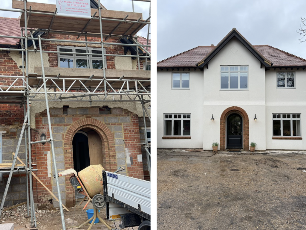 Before and after property modernisation with crisp monocouche render in Woking