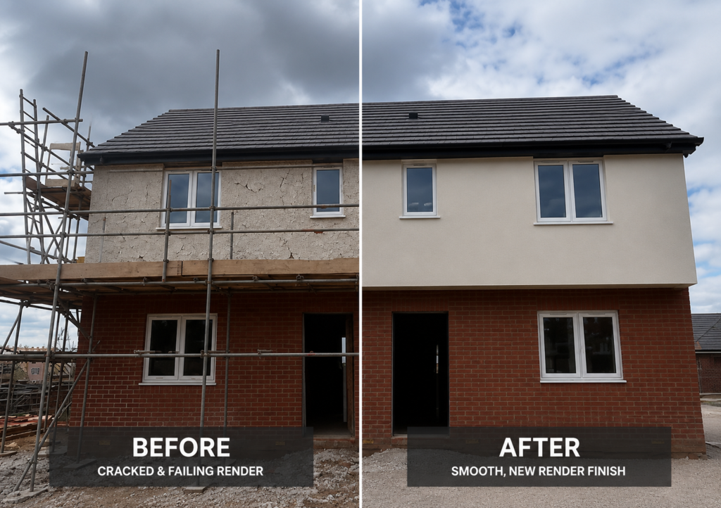 Comparison showing a home with failing cracked render next to a smooth, newly replaced rendering installation