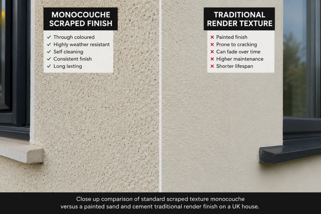 Close up comparison of standard scraped texture monocouche versus a painted sand and cement traditional render finish on a UK house