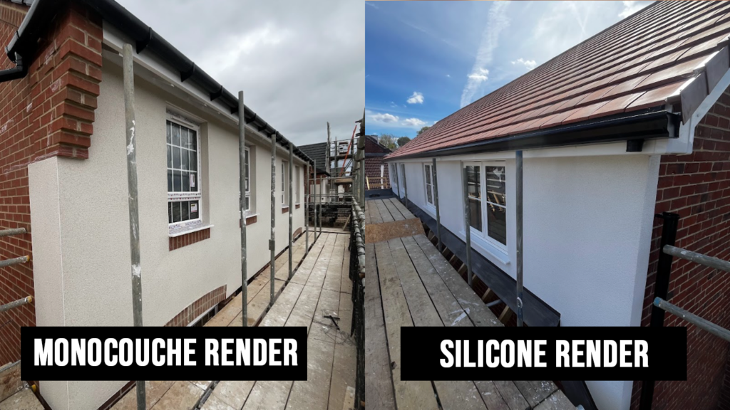 Side-by-side comparison showing textured monocouche render (left) versus ultra-smooth silicone thin-coat render (right) on a UK building facade