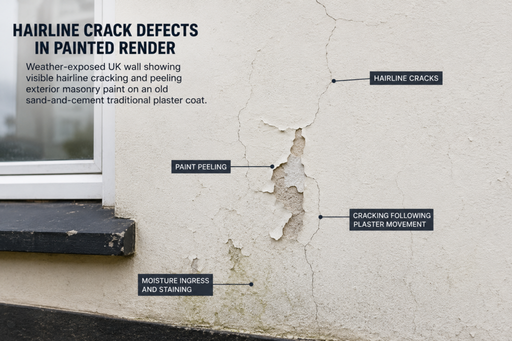 Weather-exposed UK wall showing visible hairline cracking and peeling exterior masonry paint on an old sand-and-cement traditional plaster coat